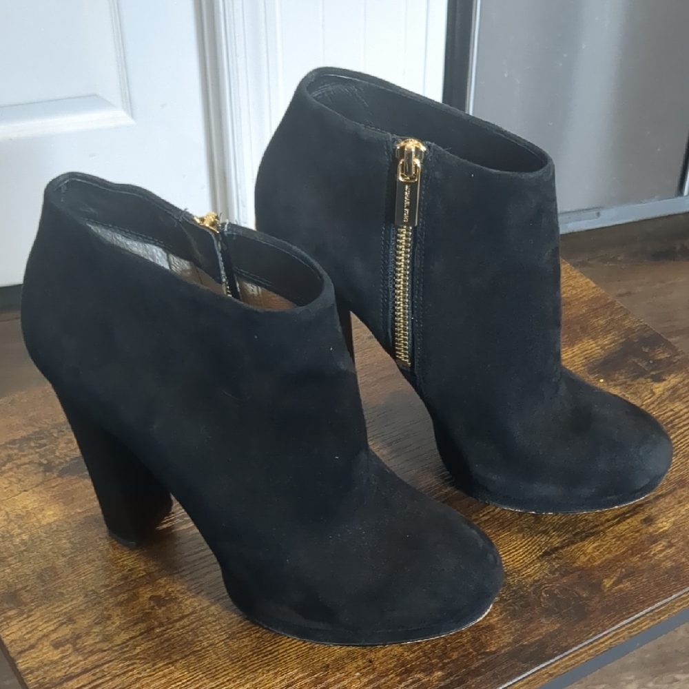 Michael Kors Black Suede Haven Platform Ankle Booties with Gold Accents - Picture 13 of 17